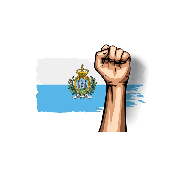 Bandera de San Marino y mano sobre fondo blanco. Ilustración vectorial — Vector de stock