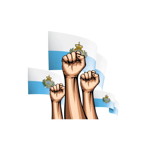 Bandera de San Marino y mano sobre fondo blanco. Ilustración vectorial — Vector de stock