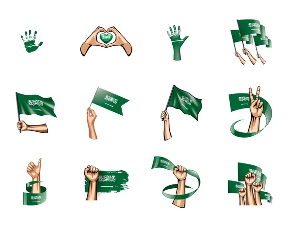 Saudi Arabia flag and hand on white background. Vector illustration — Stock Vector