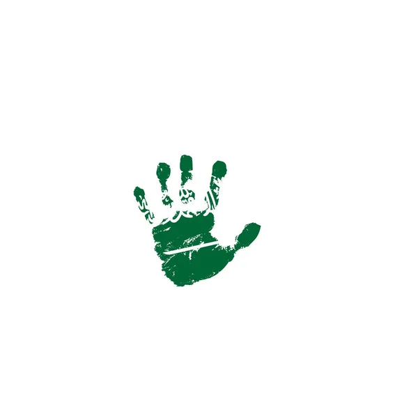 Arábia Saudita bandeira e mão sobre fundo branco. Ilustração vetorial — Vetor de Stock