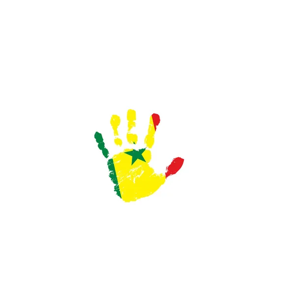 Bandera de Senegal y mano sobre fondo blanco. Ilustración vectorial — Vector de stock