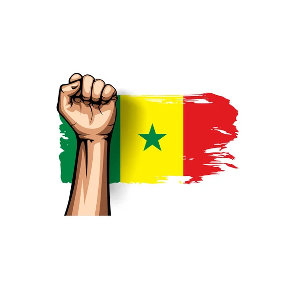 Szenegál zászló és kézzel a fehér háttér előtt. Vektoros illusztráció — Stock Vector