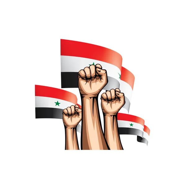Syrien flagga och hand på vit bakgrund. Vektorillustration — Stock vektor