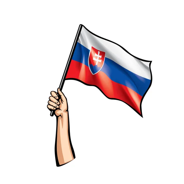 Bandera de Eslovaquia y mano sobre fondo blanco. Ilustración vectorial — Vector de stock