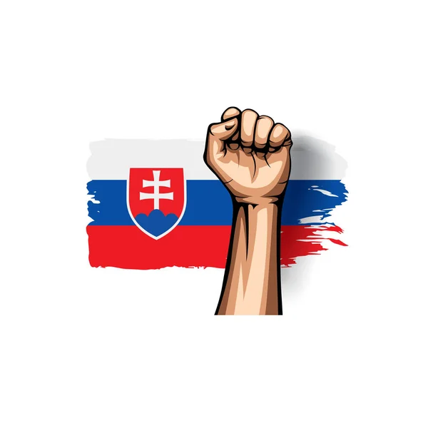 Bandera de Eslovaquia y mano sobre fondo blanco. Ilustración vectorial — Archivo Imágenes Vectoriales