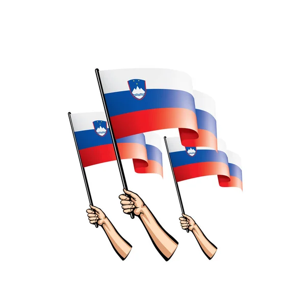 Drapeau de Slovénie et main sur fond blanc. Illustration vectorielle — Image vectorielle