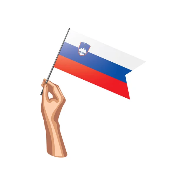 Slovenia flag and hand on white background. Vector illustration — Stock Vector