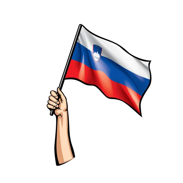 Bandera de Eslovenia y mano sobre fondo blanco. Ilustración vectorial — Archivo Imágenes Vectoriales