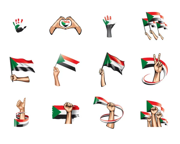 Sudans flagga och hand på vit bakgrund. Vektorillustration — Stock vektor