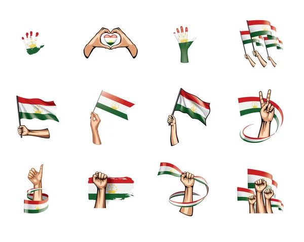 Σημαία του Τατζικιστάν και χέρι σε άσπρο φόντο. Εικονογράφηση διάνυσμα — Διανυσματικό Αρχείο