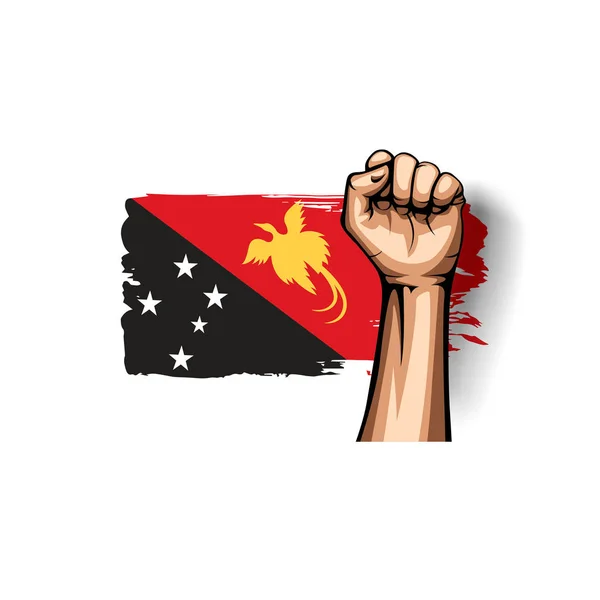 Papua-Nova Guiné bandeira e mão sobre fundo branco. Ilustração vetorial — Vetor de Stock
