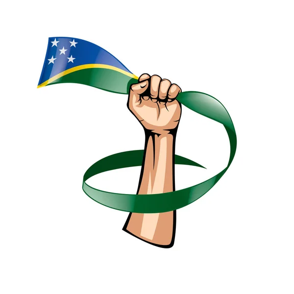 Bandeira das Ilhas Salomão e mão sobre fundo branco. Ilustração vetorial — Vetor de Stock
