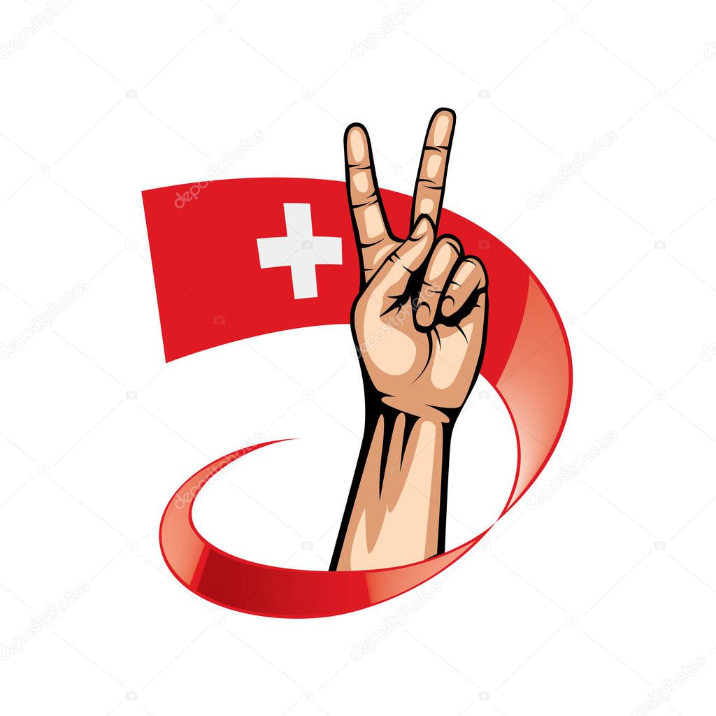 Switzerland flag and hand on white background. Vector illustration
