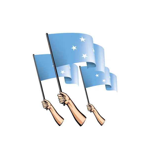 Bandera de Micronesia de los Estados Federados y mano sobre fondo blanco. Ilustración vectorial — Archivo Imágenes Vectoriales