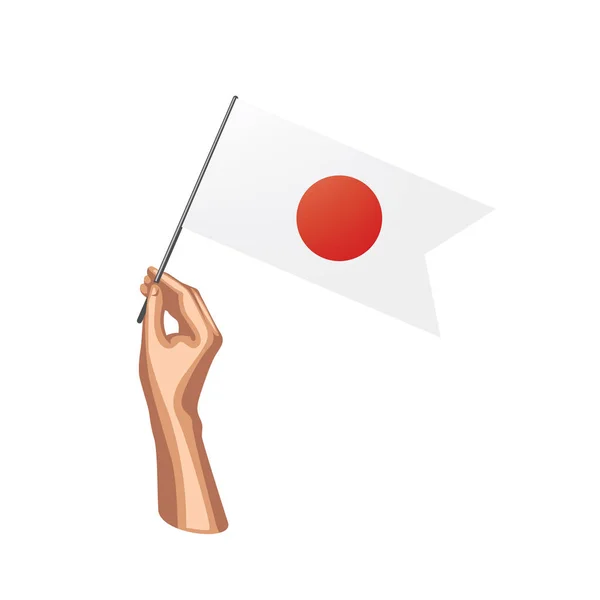 Bandera de Japón y mano sobre fondo blanco. Ilustración vectorial — Vector de stock