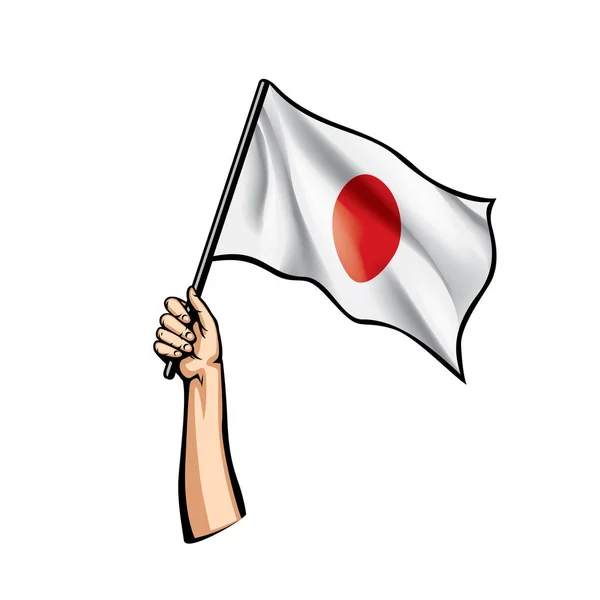 Bandera de Japón y mano sobre fondo blanco. Ilustración vectorial — Vector de stock