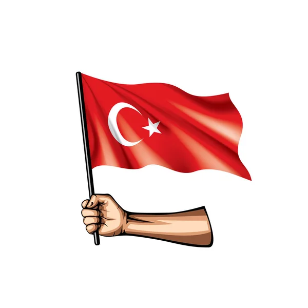 Drapeau de la Turquie et main sur fond blanc. Illustration vectorielle — Image vectorielle