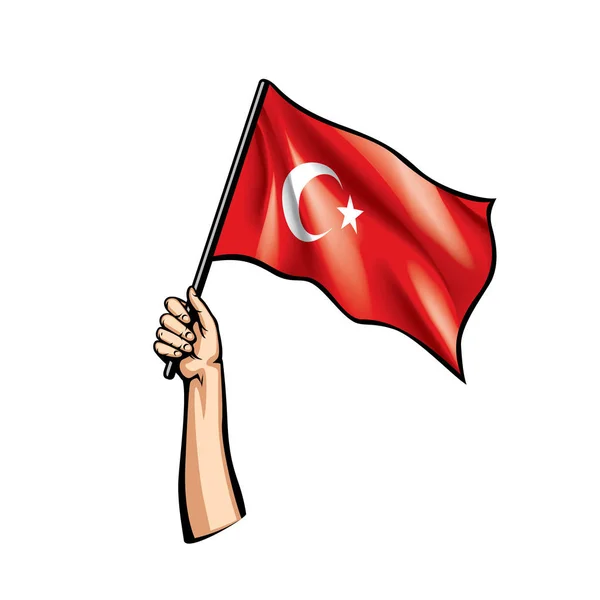 Vlag van Turkije en hand op witte achtergrond. Vectorillustratie — Stockvector