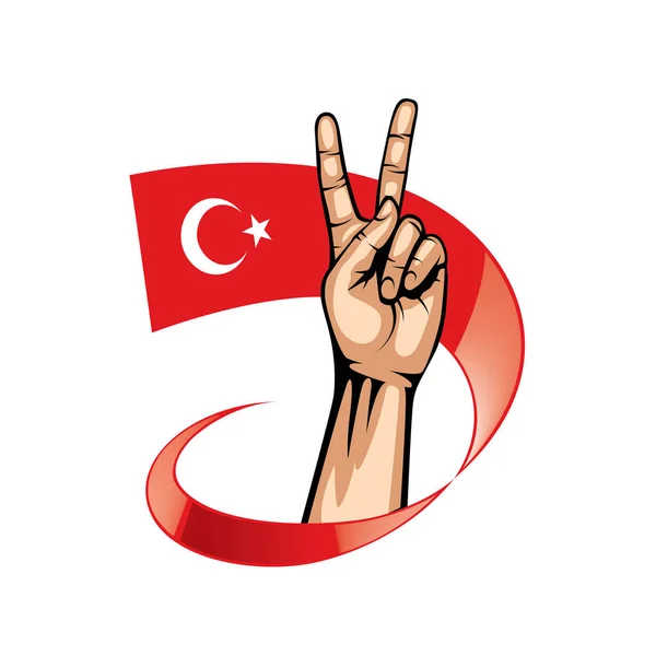 Turkiet flagga och hand på vit bakgrund. Vektorillustration — Stock vektor