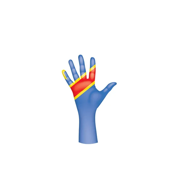 Democratische Republiek Congo vlag en hand op witte achtergrond. Vectorillustratie — Stockvector