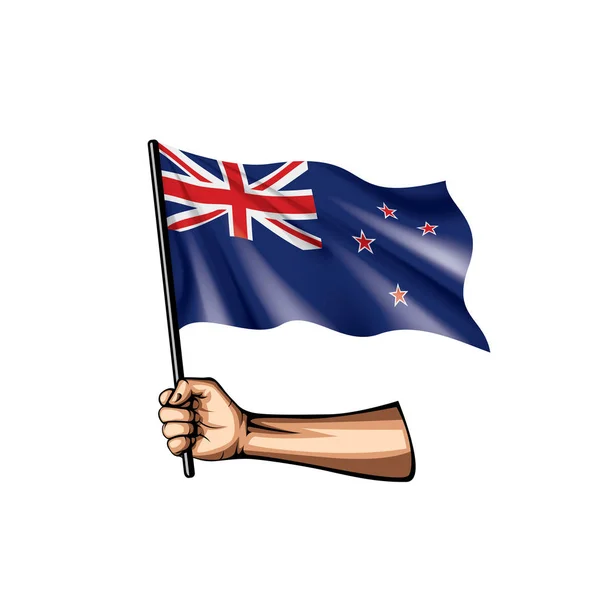 Neuseeland-Flagge und Hand auf weißem Hintergrund. Vektorillustration — Stockvektor