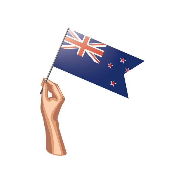 Флаг Новой Зеландии и рука на белом фоне. Векторная иллюстрация — стоковый вектор
