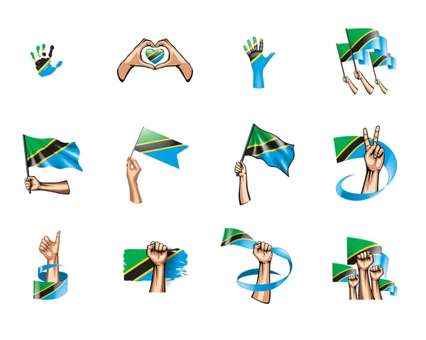 坦桑尼亚旗子和手在白色背景。向量例证 — 图库矢量图片