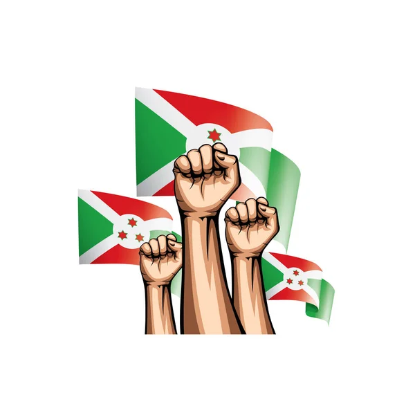 Drapeau du Burundi et main sur fond blanc. Illustration vectorielle — Image vectorielle