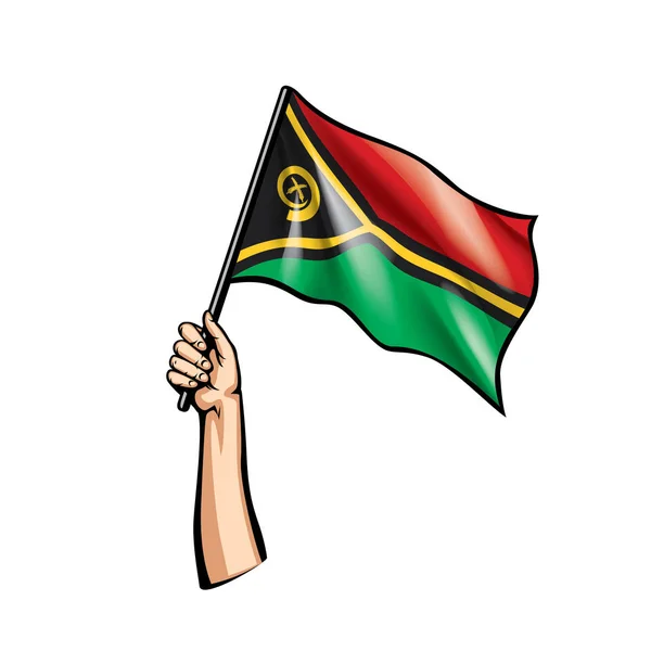 Drapeau Vanuatu et main sur fond blanc. Illustration vectorielle — Image vectorielle