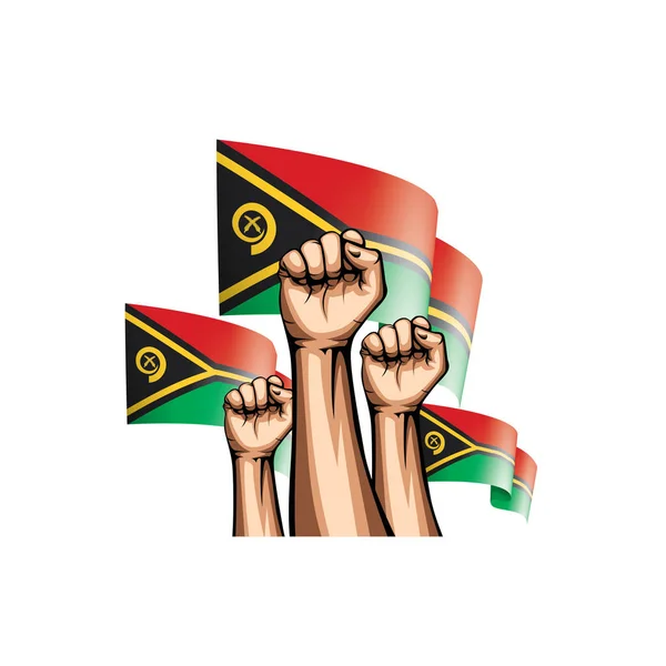 Bandeira Vanuatu e mão sobre fundo branco. Ilustração vetorial — Vetor de Stock