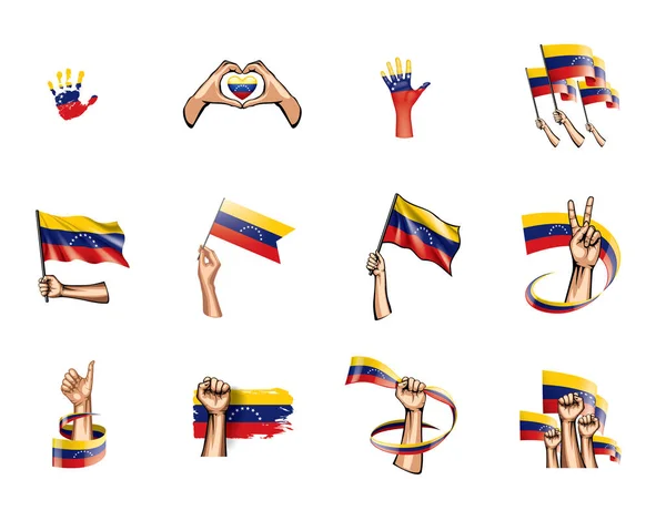 Venezuela bandiera e mano su sfondo bianco. Illustrazione vettoriale — Vettoriale Stock