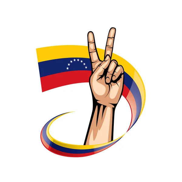 Bandera de Venezuela y mano sobre fondo blanco. Ilustración vectorial — Archivo Imágenes Vectoriales
