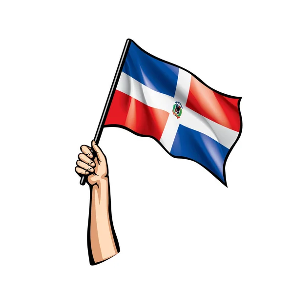 Bandiera dominicana e mano su sfondo bianco. Illustrazione vettoriale — Vettoriale Stock