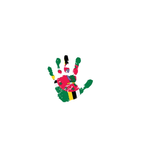 Bandera de Dominica y mano sobre fondo blanco. Ilustración vectorial — Archivo Imágenes Vectoriales