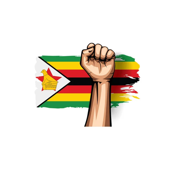 Bandera de Zimbabue y mano sobre fondo blanco. Ilustración vectorial — Archivo Imágenes Vectoriales