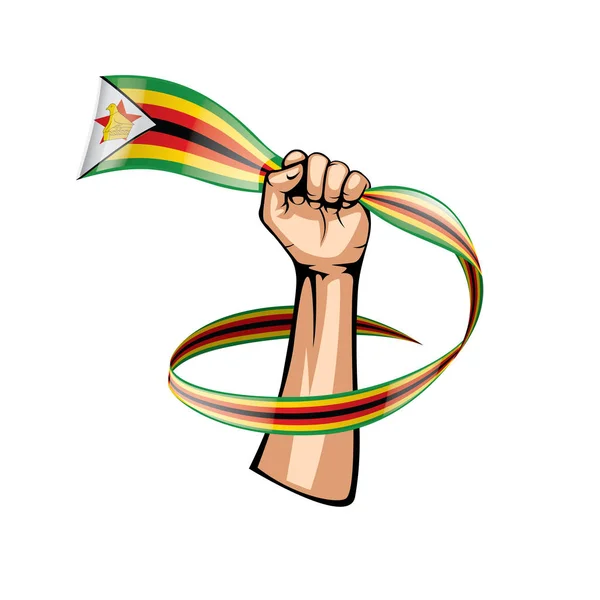 Bandera de Zimbabue y mano sobre fondo blanco. Ilustración vectorial — Vector de stock
