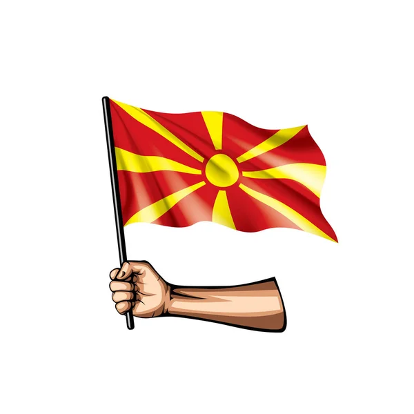 Bandera de Macedonia y mano sobre fondo blanco. Ilustración vectorial — Vector de stock