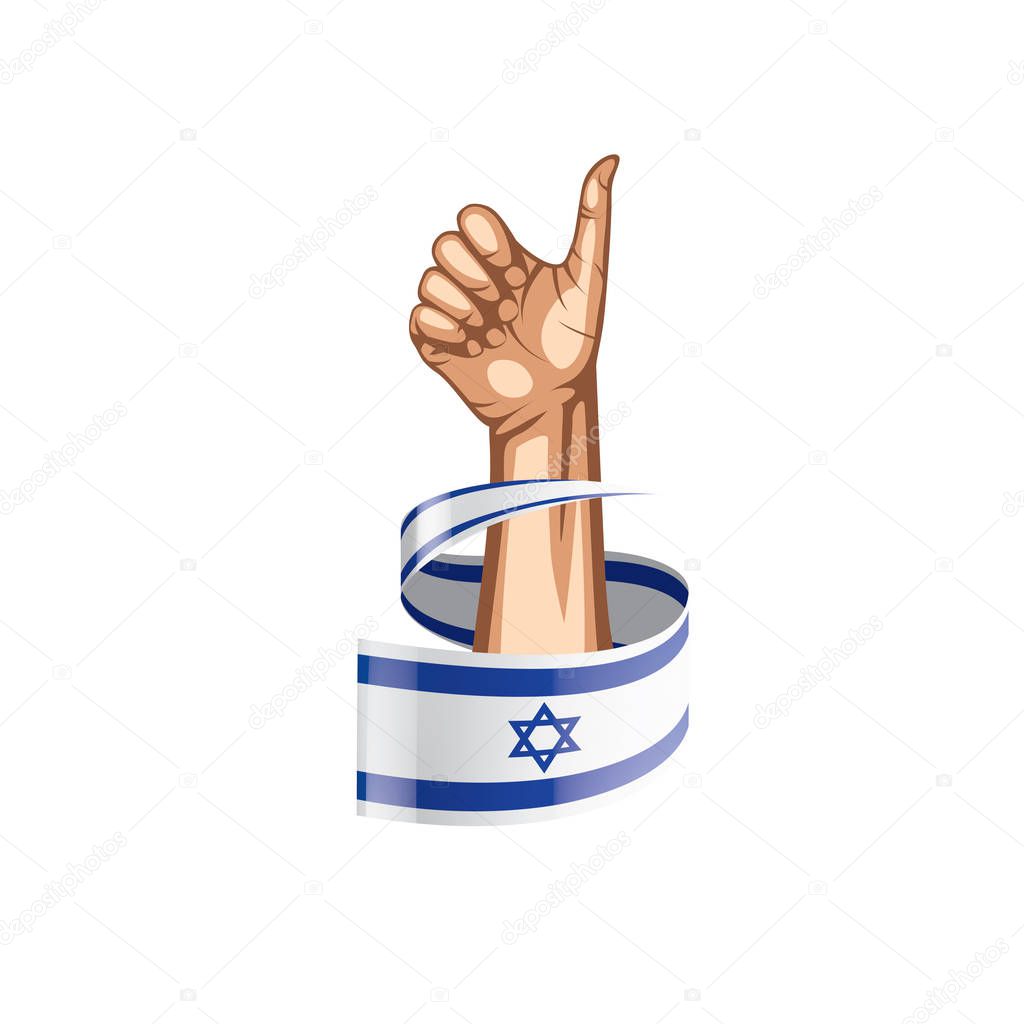 Israel flag and hand on white background. Vector illustration