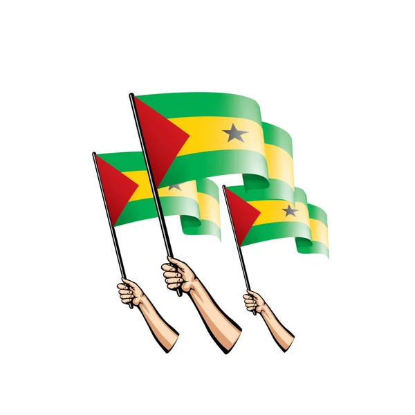 Bandera de Santo Tomé y Príncipe y mano sobre fondo blanco. Ilustración vectorial — Vector de stock