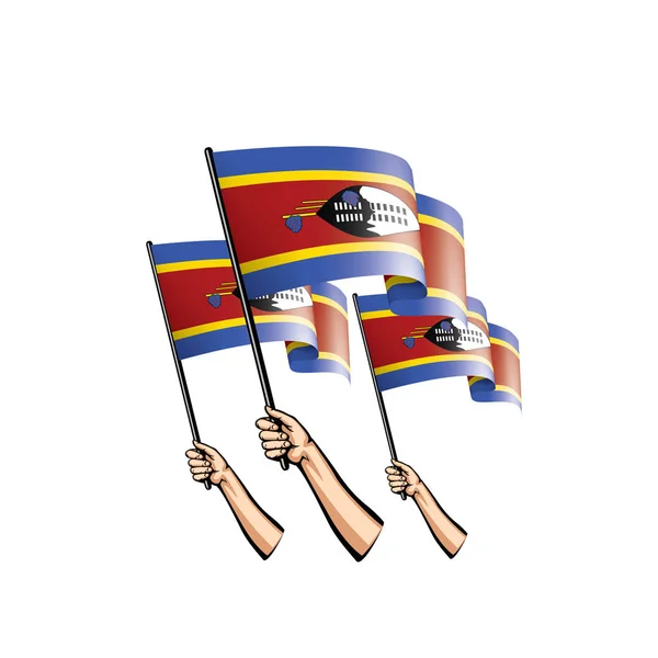 Bandera de Suazilandia y mano sobre fondo blanco. Ilustración vectorial — Vector de stock