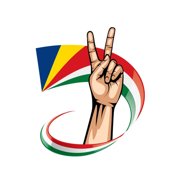 Seychellen Flagge und Hand auf weißem Hintergrund. Vektorillustration — Stockvektor