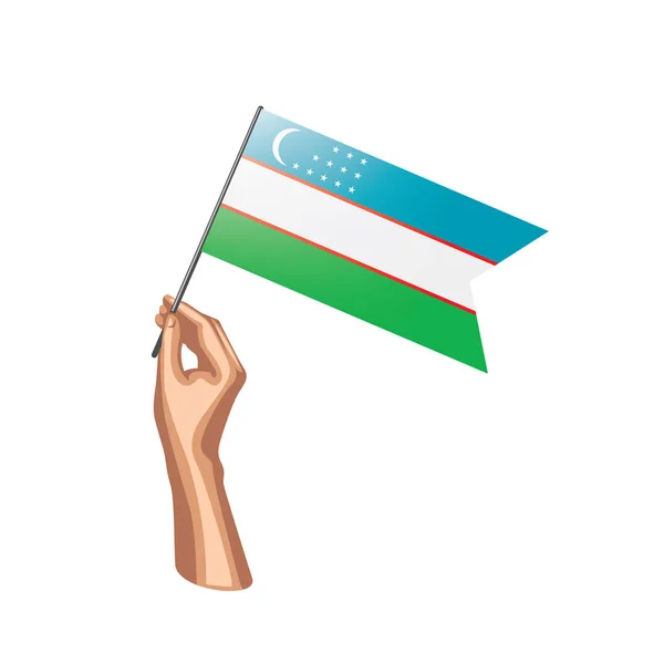 Uzbekistan flagga och hand på vit bakgrund. Vektorillustration — Stock vektor