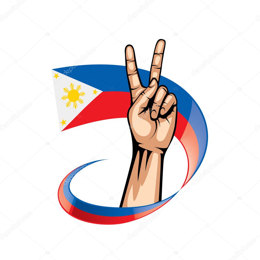 Philippines flag and hand on white background. Vector illustration