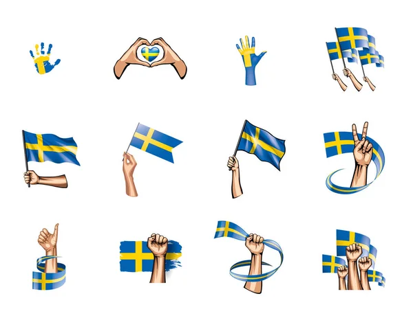 Drapeau de la Suède et main sur fond blanc. Illustration vectorielle — Image vectorielle