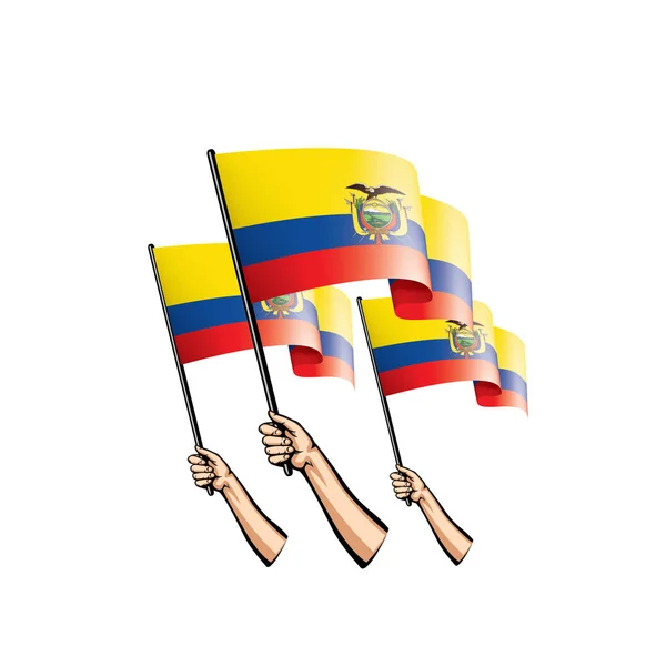 Bandera de Ecuador y mano sobre fondo blanco. Ilustración vectorial — Archivo Imágenes Vectoriales