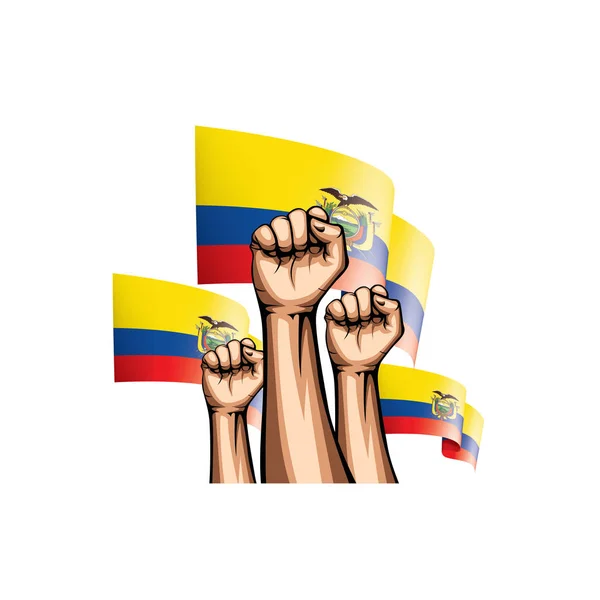 Bandera de Ecuador y mano sobre fondo blanco. Ilustración vectorial — Archivo Imágenes Vectoriales