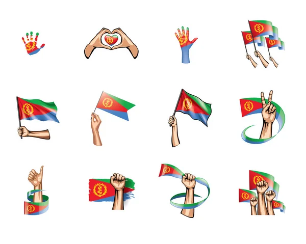 Eritrea zászló és kézzel a fehér háttér előtt. Vektoros illusztráció — Stock Vector
