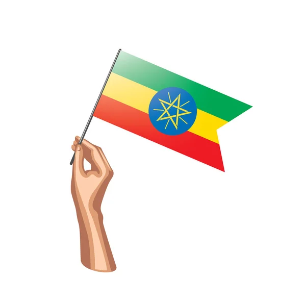 Σημαία της Αιθιοπίας και χέρι σε άσπρο φόντο. Εικονογράφηση διάνυσμα — Διανυσματικό Αρχείο