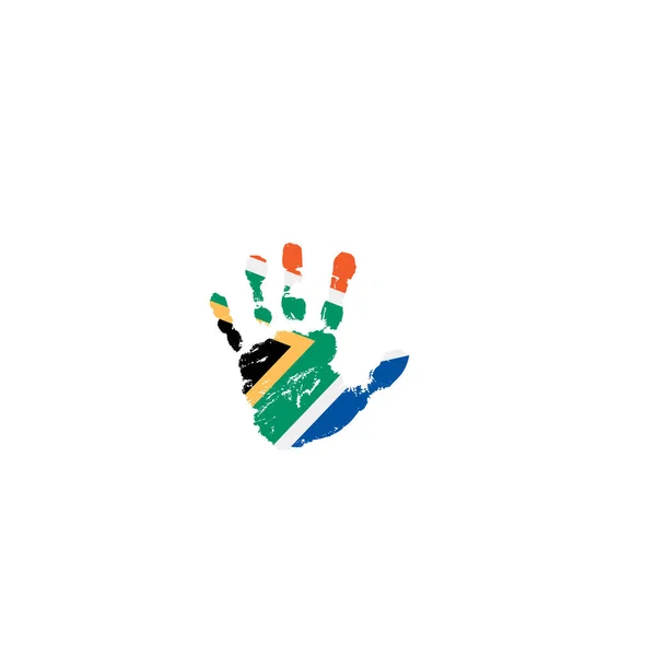 Bandera de Sudáfrica y mano sobre fondo blanco. Ilustración vectorial — Vector de stock