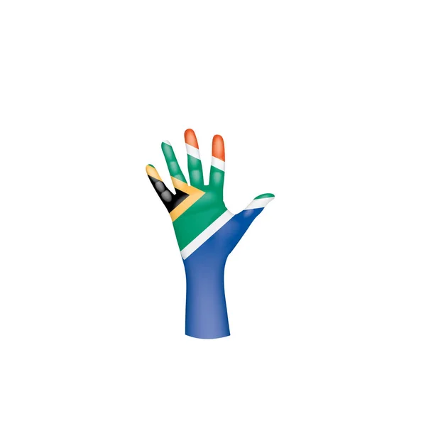 Bandera de Sudáfrica y mano sobre fondo blanco. Ilustración vectorial — Vector de stock